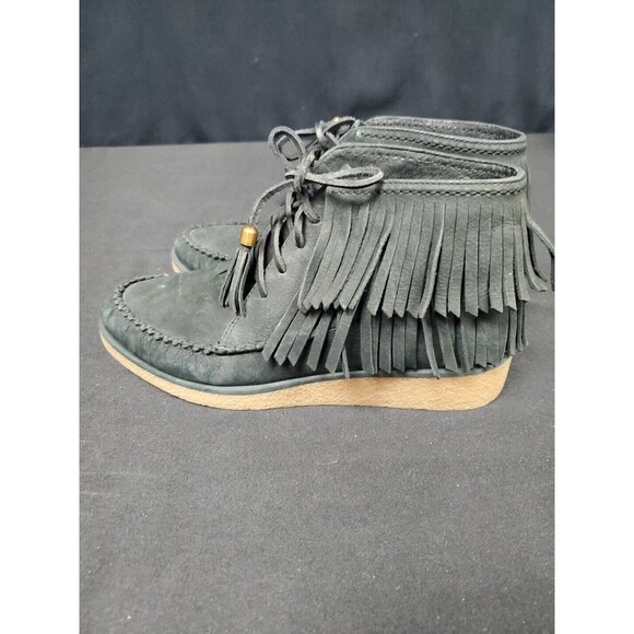 Ugg Caleb Bootie Women's SZ 7.5 Black Suede Tassel Fringe Moccasin Ankle Wedge - Picture 5 of 6